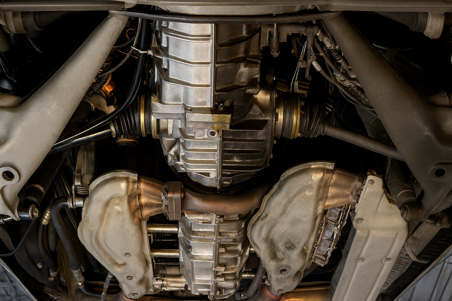 Clean engine undercarriage showing twin turbochargers and detailed mechanical components