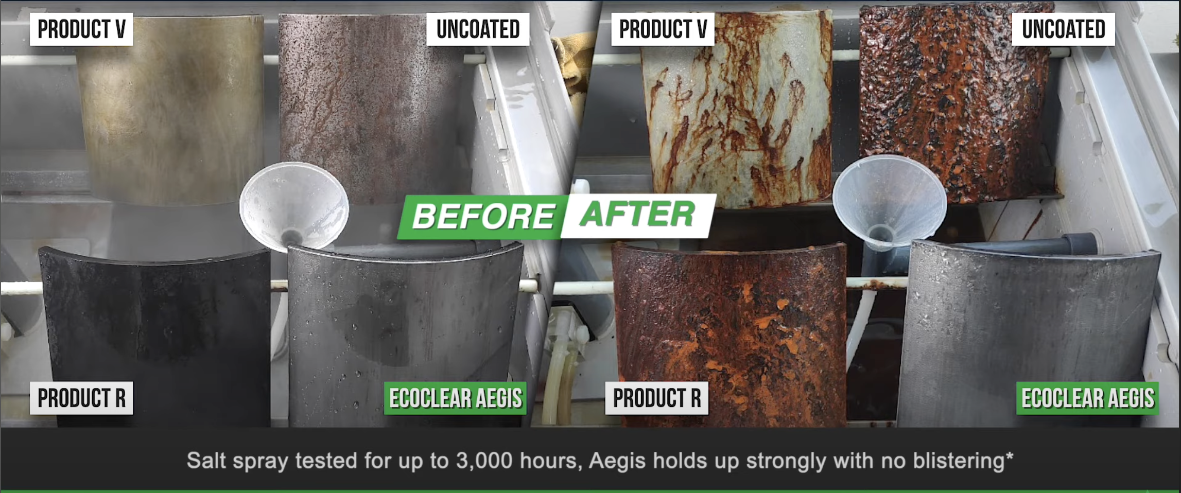 Salt spray corrosion test comparison showing Product V, Uncoated, Product R, and EcoClear Aegis samples after 3,000 hours with before/after results demonstrating superior corrosion resistance